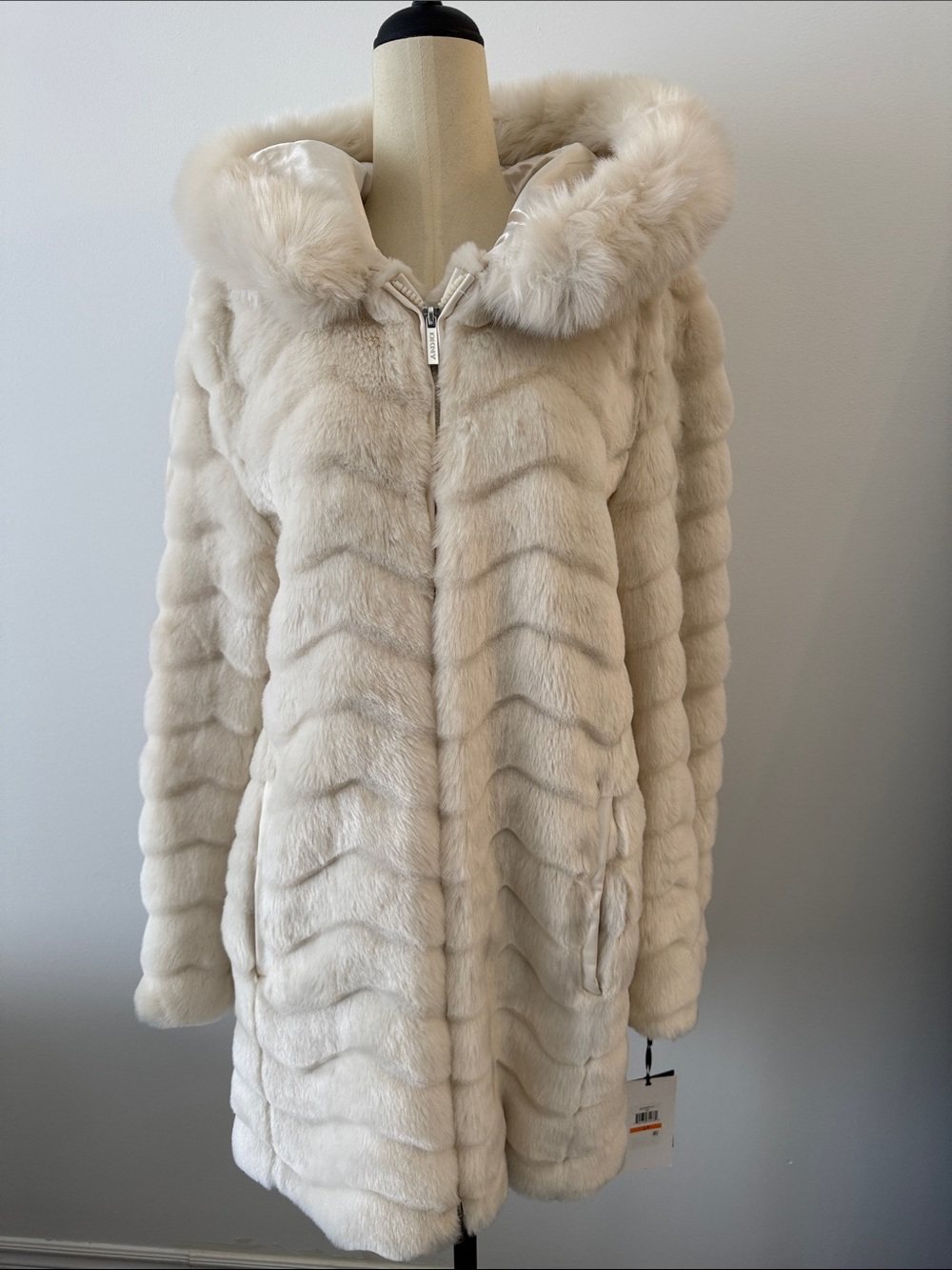 DKNY Cream Faux Fur Hooded Coat - Women's Plush Jacket